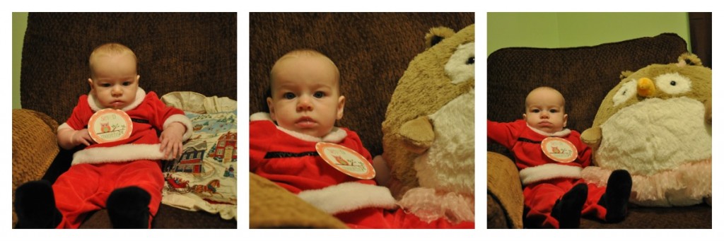 Very serious Lucy girl wearing her Ms Claus suit.